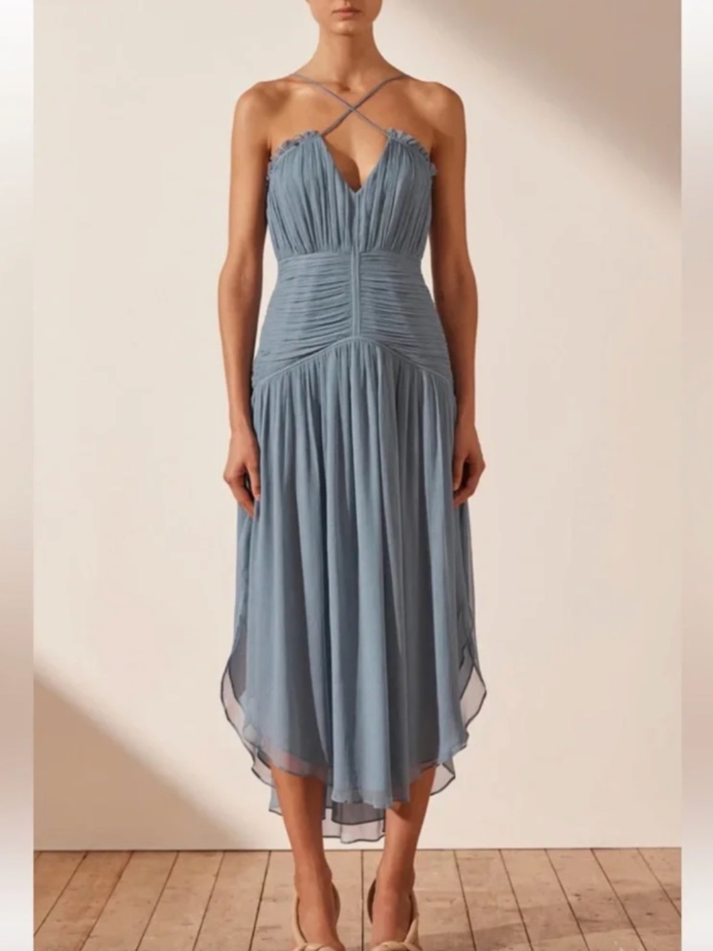 NWT Shona Joy Lauren Cross Front Midi Dress in light blue Women's 6 US